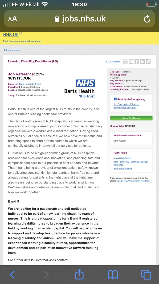 Great opportunity to broaden your experience in acute hospital -all #LearningDisability nurses should get this experience early in career -opportunity BAND 5 to join a team in development <a href="/WeLDnurses/">WeLDNurses 💙</a> <a href="/GwenMoulster/">Gwen Moulster 💙</a> <a href="/NorthwayRuth/">Ruth Northway RN(LD) FRCN FLSW, FQNI</a> <a href="/NHSBartsHealth/">Barts Health</a> 
⬇️⬇️⬇️⬇️

jobs.nhs.uk/xi/vacancy/916…