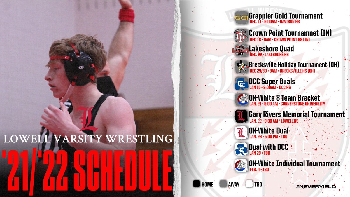 2021-22 Lowell Varsity Wrestling Schedule!

The Arrows will be taking on some of the best in the state and Nation this season!  Highlight trips to...

- Crown Point, IN, 
- Brecksville, OH
- DCC Super Duals

Mark your calendars! Some great wrestling action this season! #GoArrows