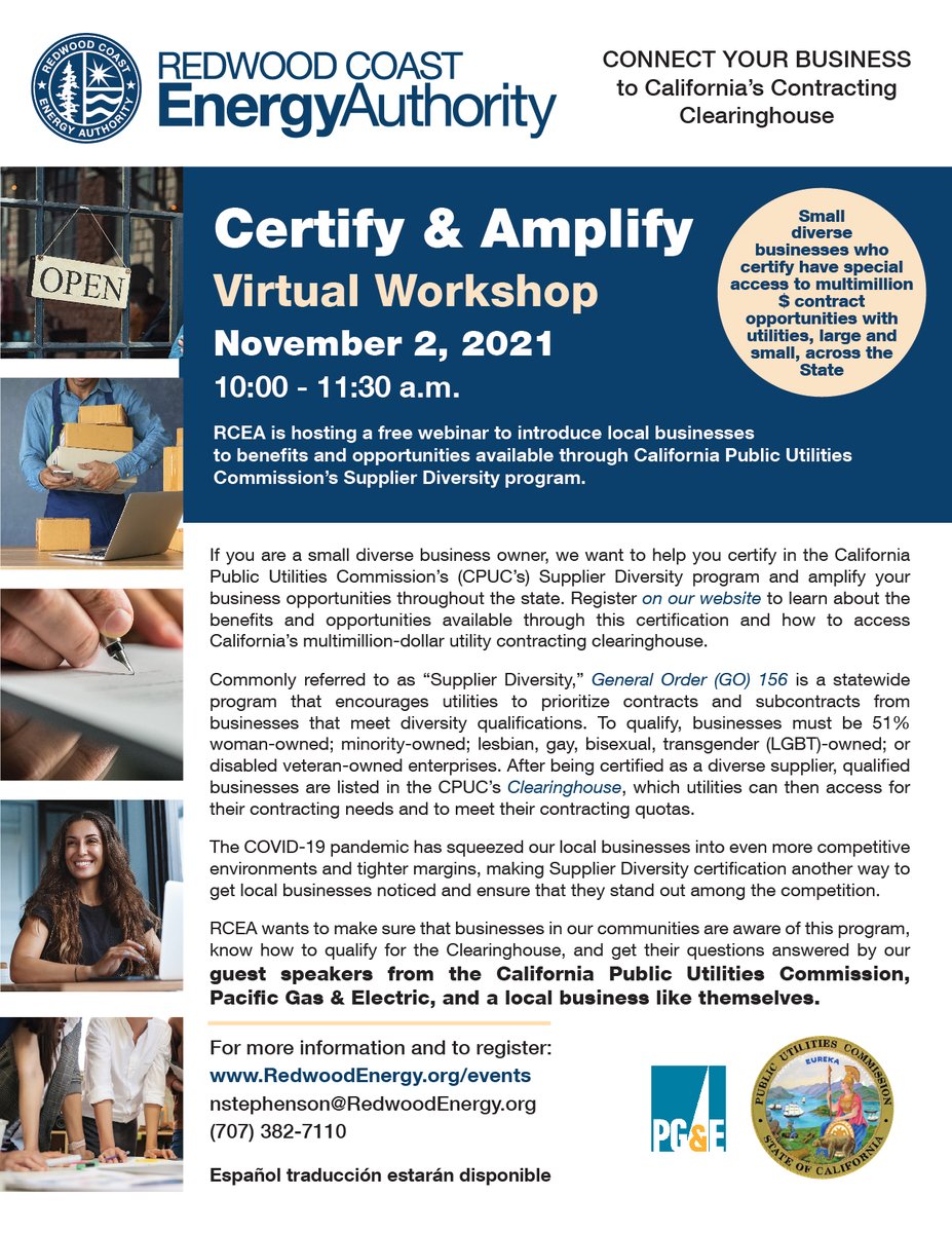 WestLightEnergy's tweet photo. .@redwood_energy is hosting this #CertifyandAmplify workshop TOMORROW at 10am to introduce local #diversebusinesses to the benefits and opportunities available through the @californiapuc's #SupplierDiversityProgram.
For details and registration, visit: https://t.co/miodtz0ofR https://t.co/v1vaCMrCo8