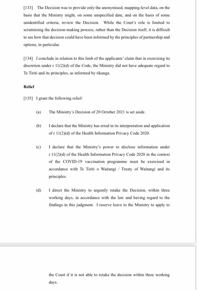 MaikiSherman's tweet photo. High Court ruling criticises Ministry of Health decision not to provide full Māori health data to Whānau Ora Commissioning Agency in order to help rollout Covid-19 vaccinations. @1NewsNZ #nzpol https://t.co/8eY6CBTEcd