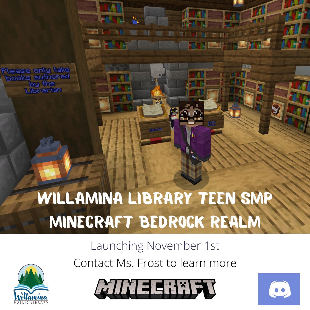 WillaminaPubLib's tweet photo. Minecraft Bedrock Realm launch. Learn the Hermit. Write your own stories and leave them for others to read. Discover and help build Onorah. 
Contact Ms. Frost for more info
#willaminalibrary #minecraftatthelibrary #smalllibrary #rurallibrary #oregonlibrary #virtualprogramming https://t.co/tJhUS4xg3q