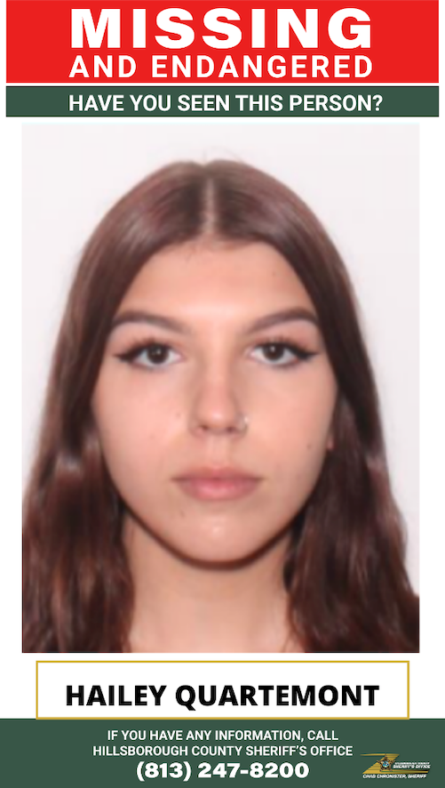 HCSOSheriff's tweet photo. 🚨 MISSING &amp; ENDANGERED 🚨 

#teamHCSO is requesting the public's assistance in locating a missing and endangered woman last seen earlier today.

Hailey Quartemont, 19, made statements of self-harm before fleeing from her home on Horseshoe Bend Drive in Lithia just after 10 a.m. https://t.co/16szIJNwAB