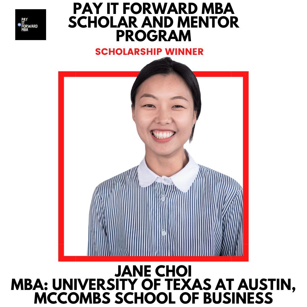 PayItForwardMBA's tweet photo. Scholar Spotlight: Meet Jane Choi, a current student at Texas McCombs School of Business and Pay It Forward MBA Class of 2023 Scholar! Congratulations, Jane!

#PayItForward #PayItForwardMBA #Scholar #Mentor #MBA https://t.co/N3dKE0hYQb