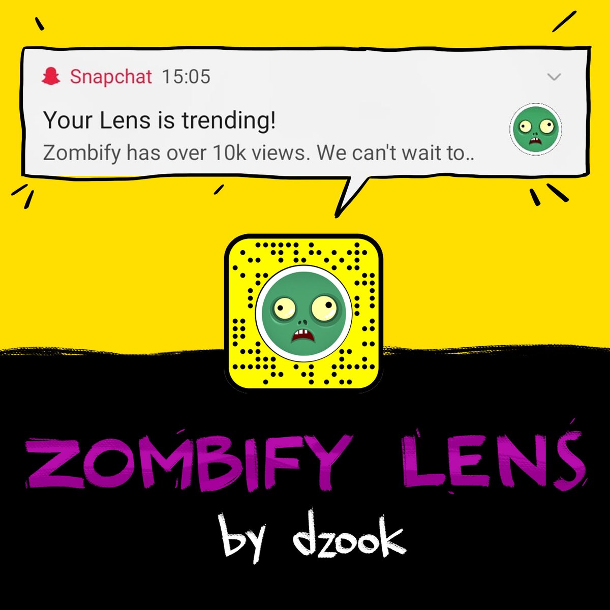 AgataBadalyan's tweet photo. Do you love @Snapchat as much as I do?
Our Zombify lens is trending on Snapchat!
Scan and have fun!
🖤💛
@dzook_app 
#lens #dzook #AI https://t.co/CtXB49EoGF