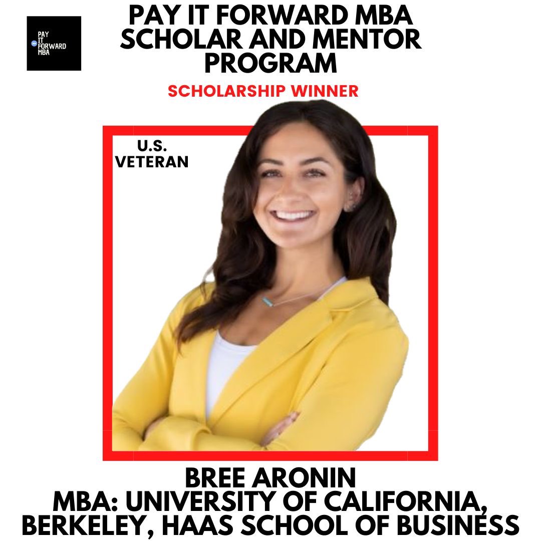 PayItForwardMBA's tweet photo. Scholar Spotlight: Meet Bree Aronin, a current student at University of California, Berkeley, Haas School of Business, and Pay It Forward MBA Class of 2023 Scholar! Congratulations, Bree!

#PayItForward #PayItForwardMBA #Scholar #Mentor #MBA #Veteran #USA https://t.co/NtemmSR3gl