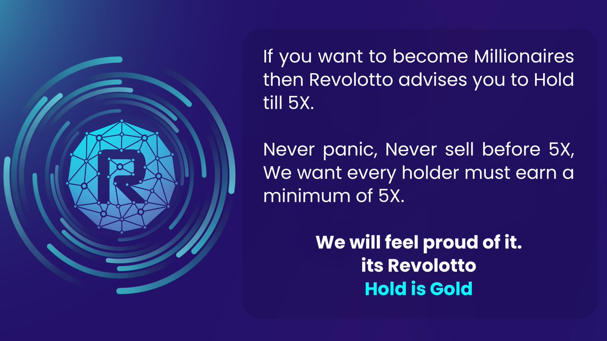 Revolotto's tweet photo. 💎If you want to become Millionaires then Revolotto advises you to Hold till 5X.
🌎Never panic, Never sell before 5X, We want every holder must earn a minimum of 5X.
We will feel proud of it
🌟Its Revolotto🌟
👑Hold is Gold👑
#Revolotto #Bitcoin #BTC #Binance #Crypto https://t.co/YsbBhfxeVR