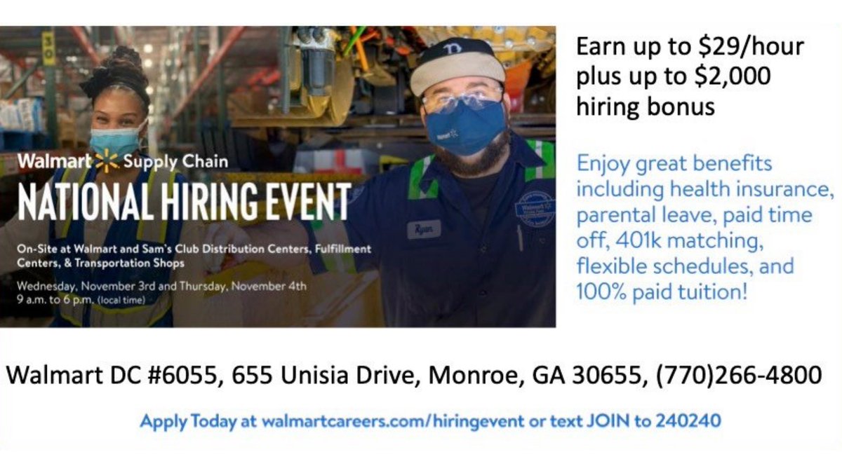 Opportunity to earn up to $29/hour plus up to $2000 hiring bonus <a href="/WalmartDC/">Walmart DC</a> #6055. ONSITE HIRING EVENT Wed 11/3 &amp; Thurs 11/4 9 am to 6 pm 655 Unisia Drive, Monroe. walmartcareers.com/hiringevent