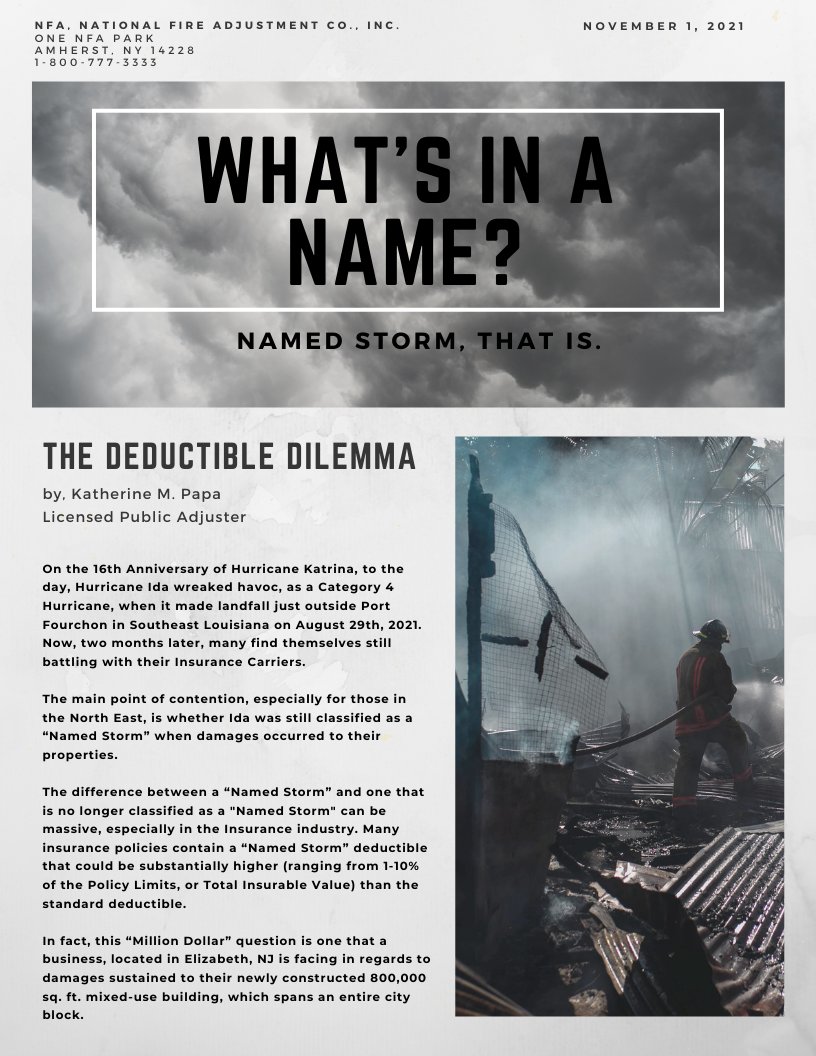 NatFireAdj's tweet photo. What's in a Name? Named Storm, that is.  When is a Named Storm no longer and Named Storm and does it effect your Deductible?  This article, by NFA's Katherine Papa, helps to clarify these questions.  What you don't know, could cost you big time.  #Ida#Hurricane#InsuranceClaims https://t.co/zapJjLgP0J