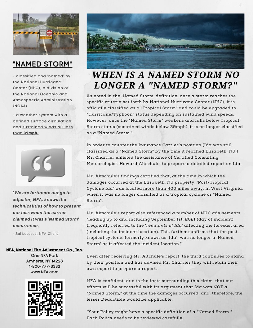 NatFireAdj's tweet photo. What's in a Name? Named Storm, that is.  When is a Named Storm no longer and Named Storm and does it effect your Deductible?  This article, by NFA's Katherine Papa, helps to clarify these questions.  What you don't know, could cost you big time.  #Ida#Hurricane#InsuranceClaims https://t.co/zapJjLgP0J