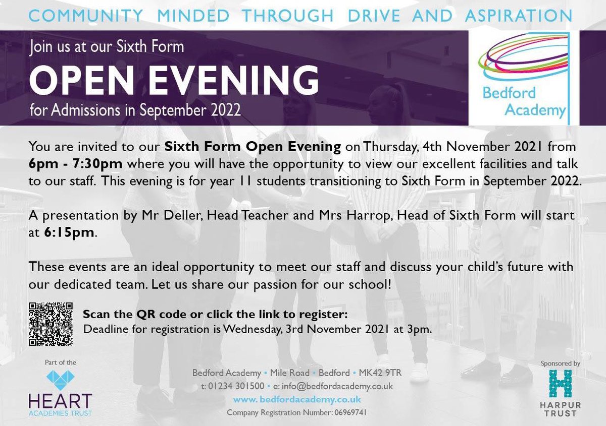 Looking forward to our <a href="/Bedford_Academy/">Bedford Academy</a> Sixth Form Open Evening on Thursday. We have doubled in size in the last 3 years - come and see why! ⭐️ 💥 
Sign up here: forms.office.com/r/zJ7u0xwbgN #nextsteps #aspiration #thebaway