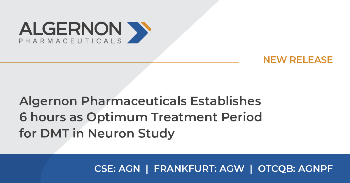 NEWS RELEASE: We have established the optimum peak stimulation period of 6 hours for neuron outgrowth by #DMT in our pre-clinical in vitro study conducted by @CRiverLabs. The increased growth was achieved with a sub-hallucinogenic dose.

Details: https://t.co/TOBNbh8PwB

$AGN.CN https://t.co/ZavxrCzM92