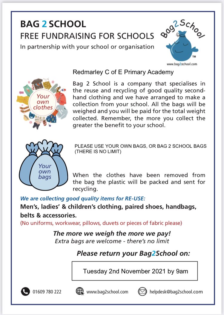 KerryHall6's tweet photo. @RedmarleyPA  Collection is tomorrow morning. Please put all bags in the Outdoor classroom. https://t.co/GrNbR6lQlj
