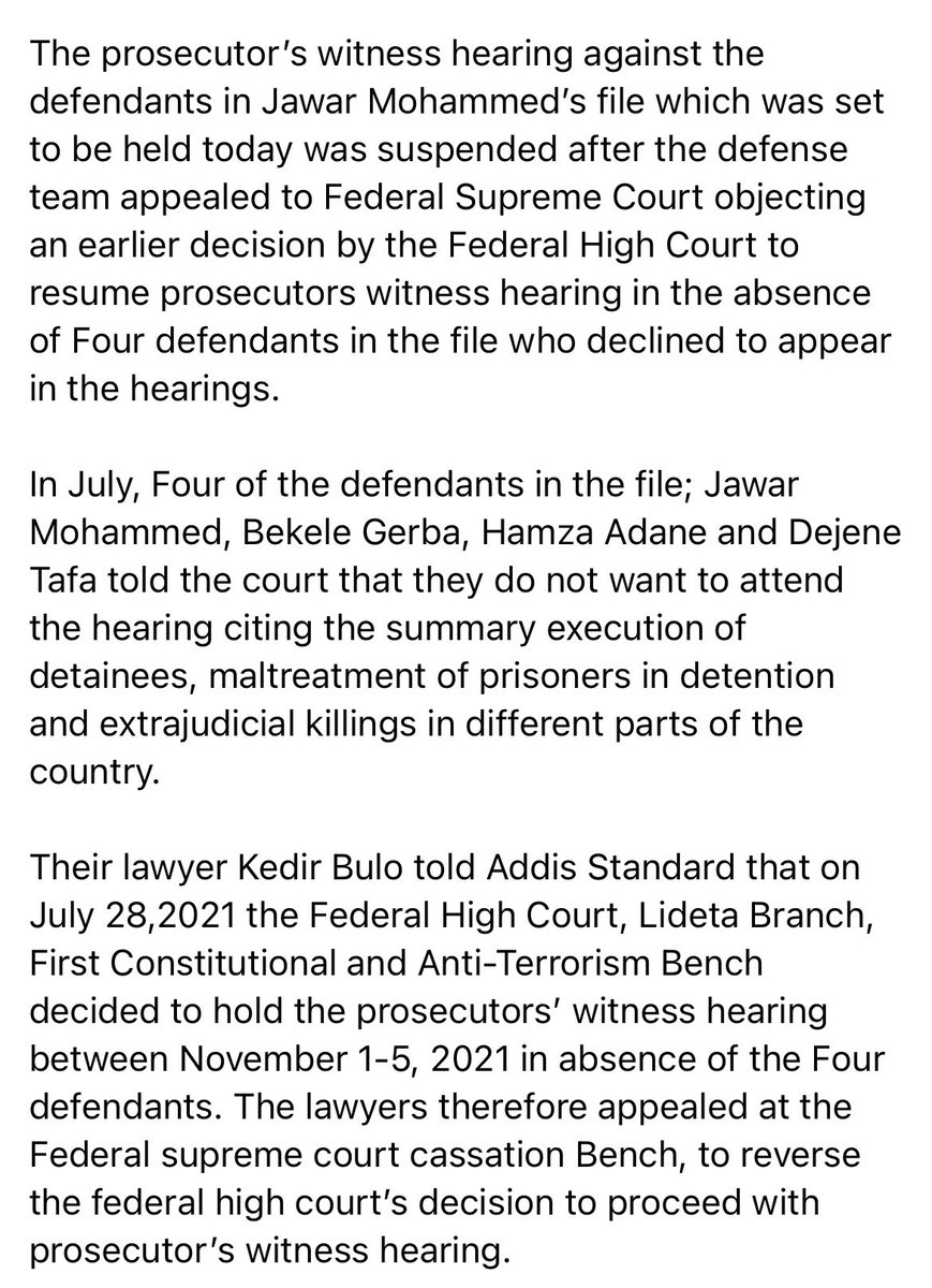 OromoLegalTeam's tweet photo. FEDERAL SUPREME COURT SUSPENDS PROSECUTOR’S WITNESS HEARING AGAINST JAWAR MOHAMMED ET. AL. 
Detailed report by @addisstandard attached in the pictures below. #FreeAllOromoPoliticalPrisoners  @SamanthaJPower @SecBlinken @EUinEthiopia @hrw @amnesty https://t.co/aPPywQmH3R