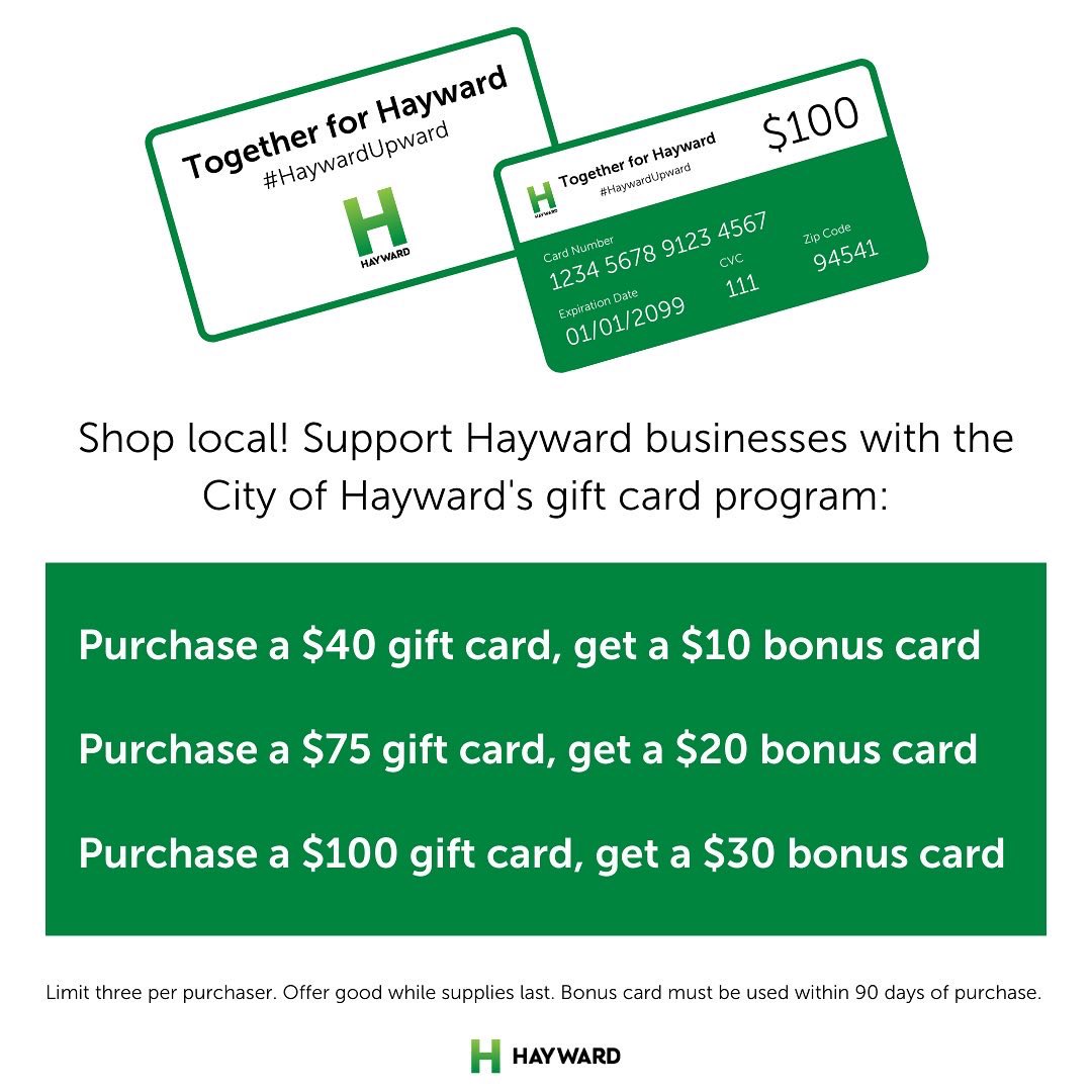 Check out the new @cityofhayward Together For Hayward Gift Card! Get a bonus gift when you support your favorite Hayward, CA, businesses. app.yiftee.com/gift-card/hayw… #Hayward #GiftCard #Gift #Yiftee #ShopSmall #HaywardUpward