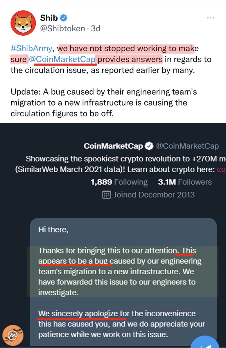 KenanGrace's tweet photo. @Shibtoken the #SHIBARMY needs an update on the @CoinMarketCap circulating supply status. https://t.co/PPmh2SJJe2