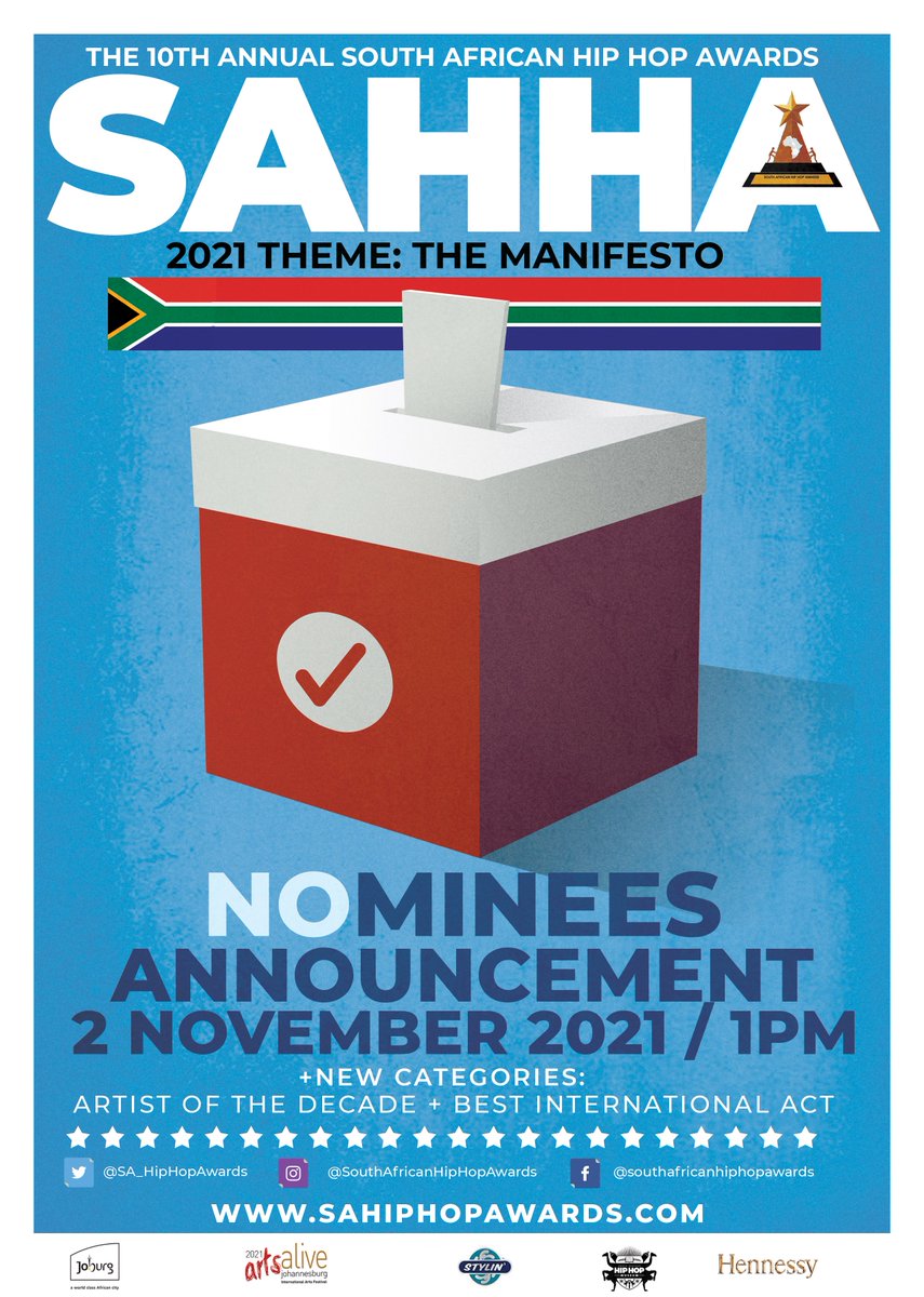 Arts_Alive's tweet photo. 📢 10th Annual @SA_HipHopAwards Awards nominees will be announced TODAY at 1pm across all #SAHHA social media platforms... Watch the space! 
And don't forget to post your predictions using #SAHHA2021 #10yearsofsahha 
🔥🔥
#ArtsAlive2021 @CityofJoburgZA https://t.co/JXXbR3sG8m