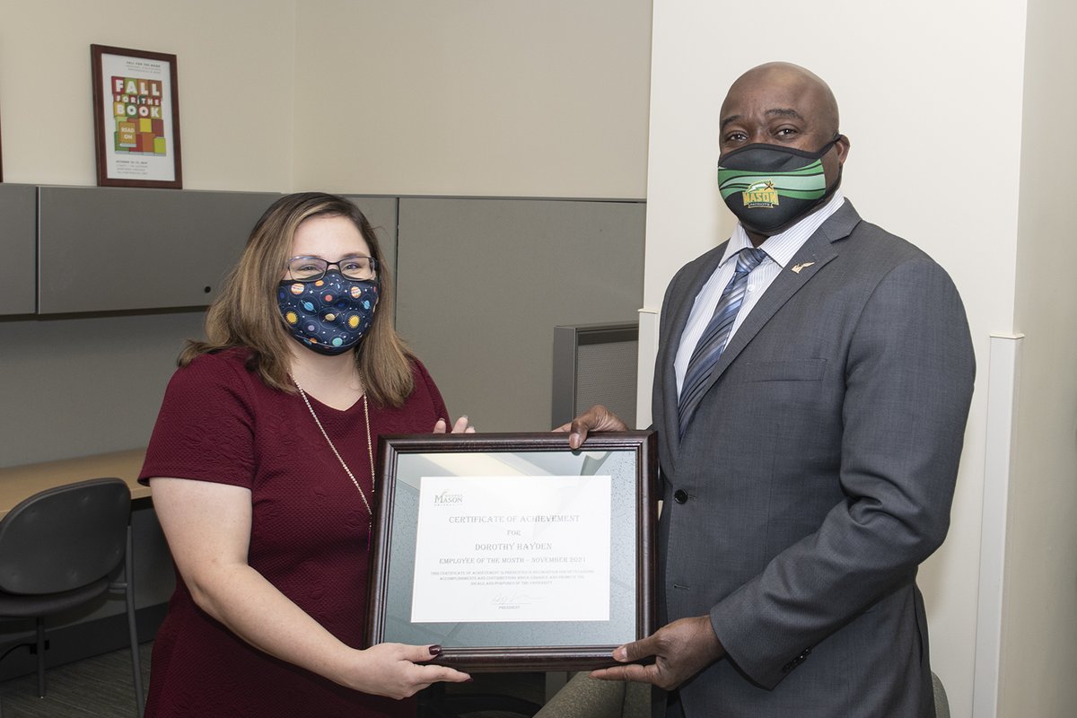 GMUPres's tweet photo. Congrats to November Employee of the Month Dorothy Hayden from @masoncareer! As your colleagues said, you go above &amp; beyond to make sure students, particularly those in @Mason_CEC &amp; @GeorgeMasonBiz, are prepared for their future careers. We appreciate all you do for our students! https://t.co/q0Q2zjM0ie