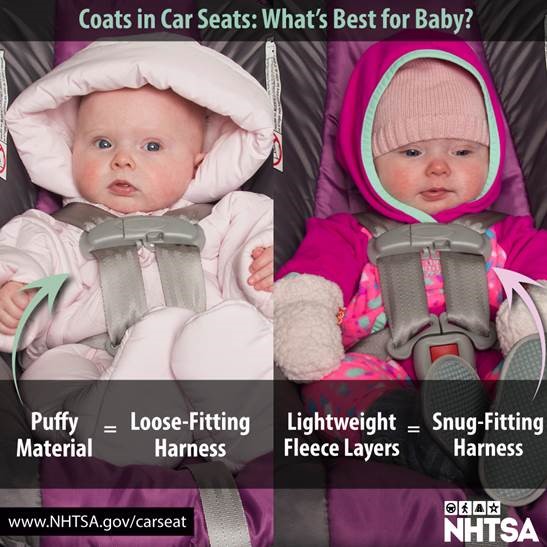 NHTSAgov's tweet photo. Keeping baby warm in the winter is essential. Use layers, instead of puffy material, to ensure your car seat harness has a snug fit. #TheRightSeat https://t.co/g8cA50M3jO