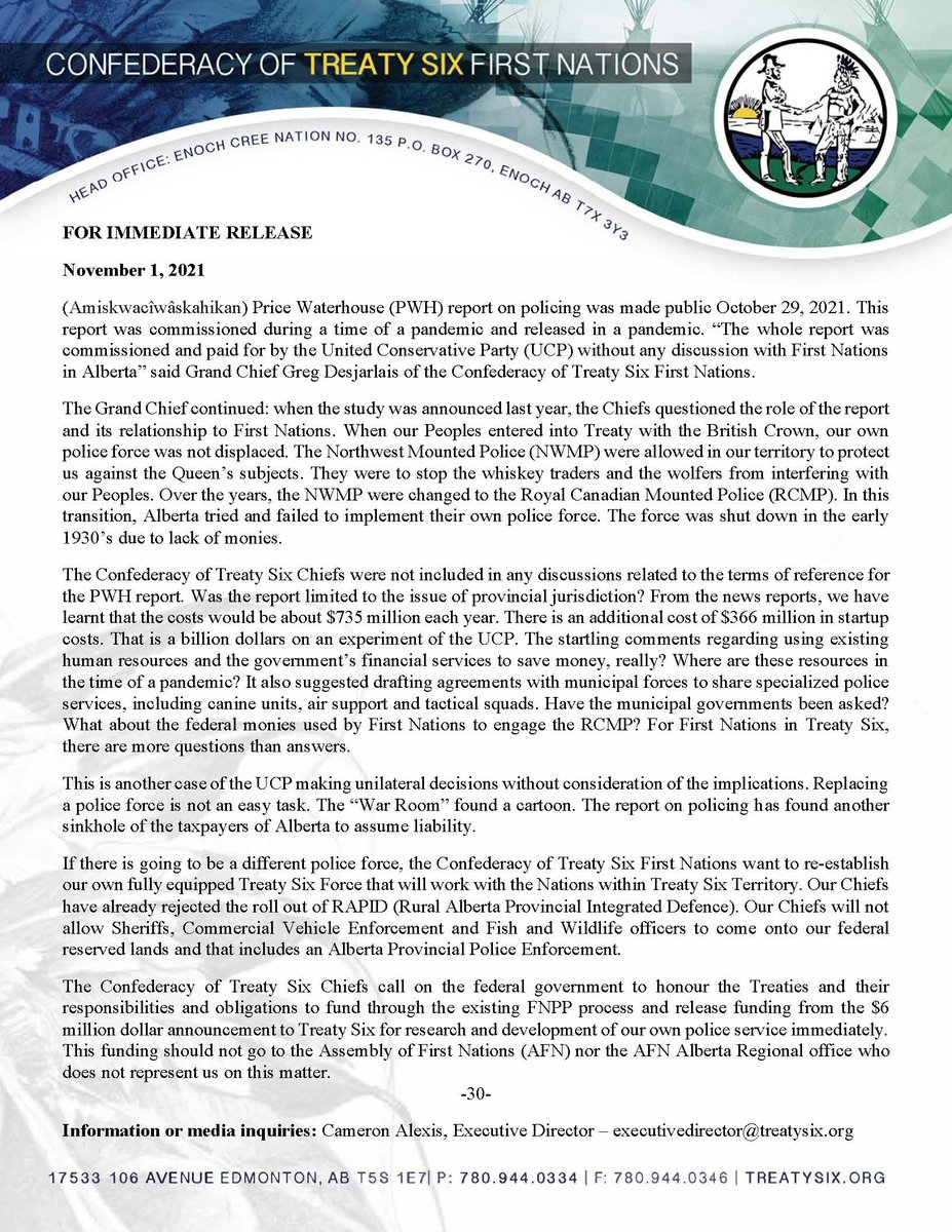 #PressRelease #treatysix Response to the recently released Price Waterhouse -  <a href="/YourAlberta/">Alberta Government</a> Provincial Police study report. #FirstNations #abpoli