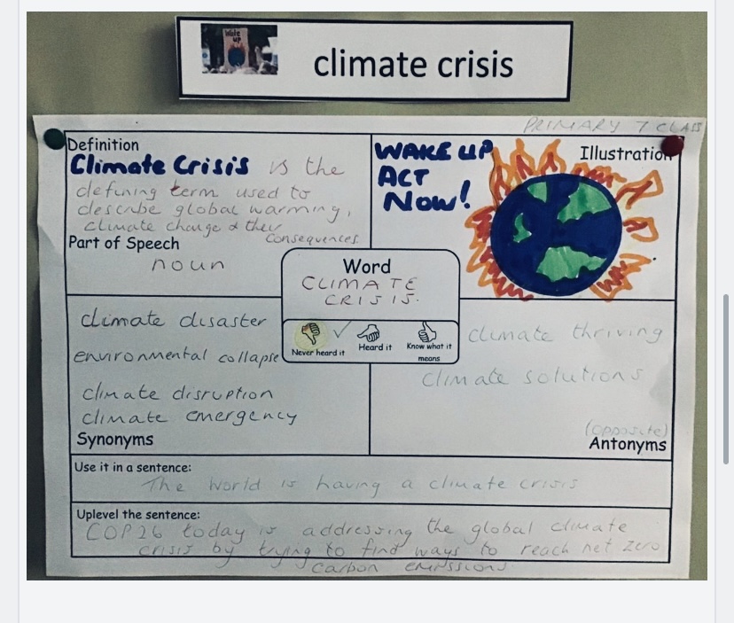 Caldercuilt's tweet photo. P7 kicked off our Vocabulary Fortnight with โClimate Crisisโ. Here is what they discussed. Great to see the pupils learning vocabulary linked to COP26. @litforalllb @EdISGlasgow #starapproach #wordaware #cpsloveslearning #COP26 https://t.co/mWzmOKa3ri