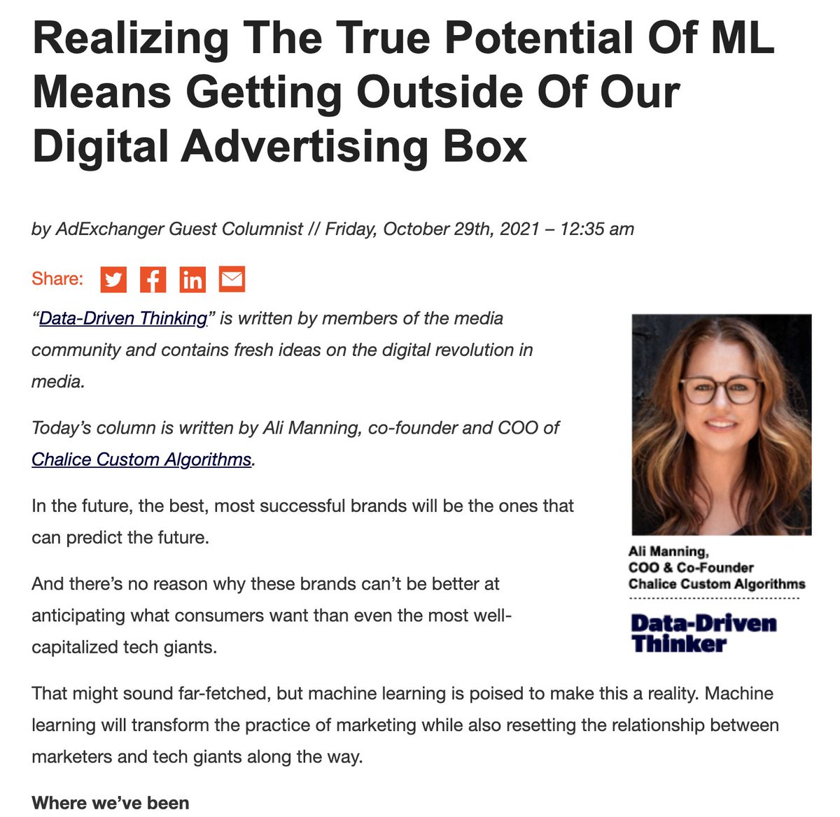 Chalice Custom Algorithms (@chalicecustom) on Twitter photo Check out our latest in AdExchanger. COO <a href="/ali_manning/">Ali Manning</a> breaks down what taking control of Machine Learning will mean for advertisers.
adexchanger.com/data-driven-th… Check out our latest in AdExchanger. COO <a href="/ali_manning/">Ali Manning</a> breaks down what taking control of Machine Learning will mean for advertisers.
adexchanger.com/data-driven-th…