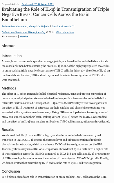 AzarinLab's tweet photo. Our recent work now out in Cellular and Molecular Bioengineering: Evaluating the Role of IL-1β in Transmigration of Triple Negative Breast Cancer Cells Across the Brain Endothelium @CMBEjournal 

https://t.co/o0iWkW2koT https://t.co/3Y6D437Px8