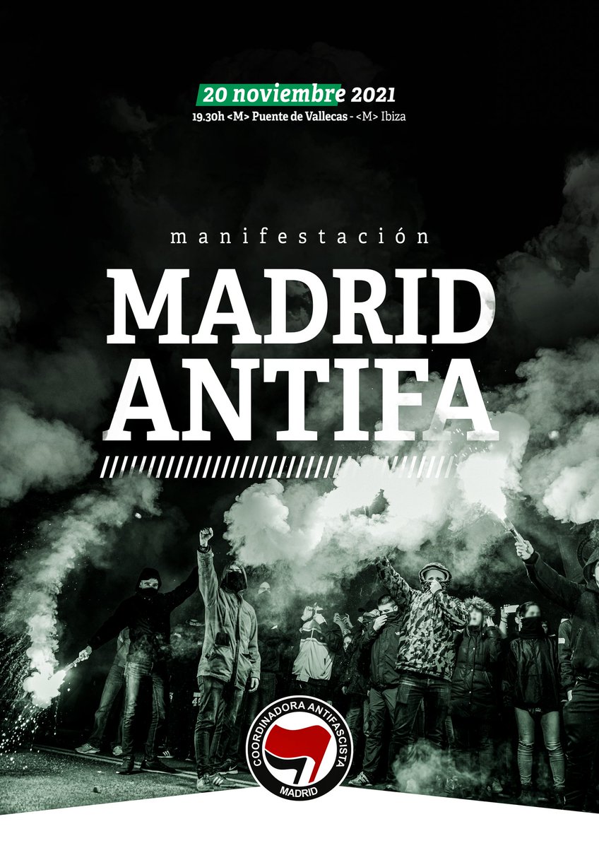AntifaMadrid's tweet photo. [MANIFESTACIÓN 20N]

MADRID ANTIFA 
19h Puente de Vallecas

#JJAA2021 https://t.co/q5vAbv30Z1