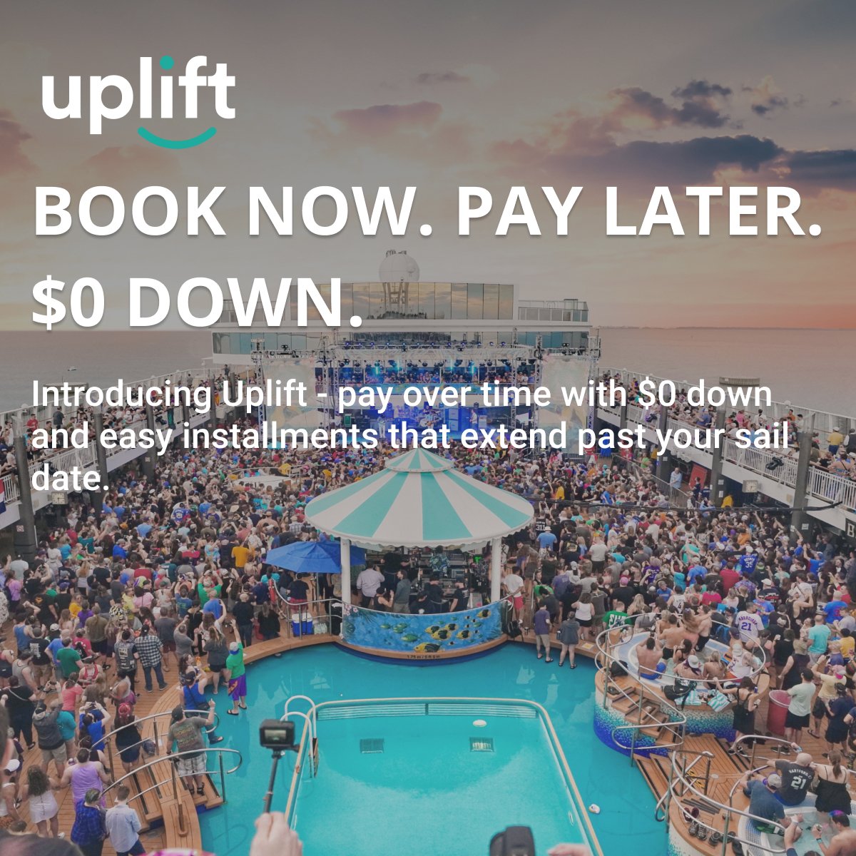 KeshaCruise's tweet photo. Looking for an easy way to pay for #KeshaCruise? Look no further than Uplift! With $0 down and easy installments, you can party it up on Kesha Cruise worry free! To book your cabin using uplift please call: 1-877-379-9196 🌈 https://t.co/AiMQZxg2CE