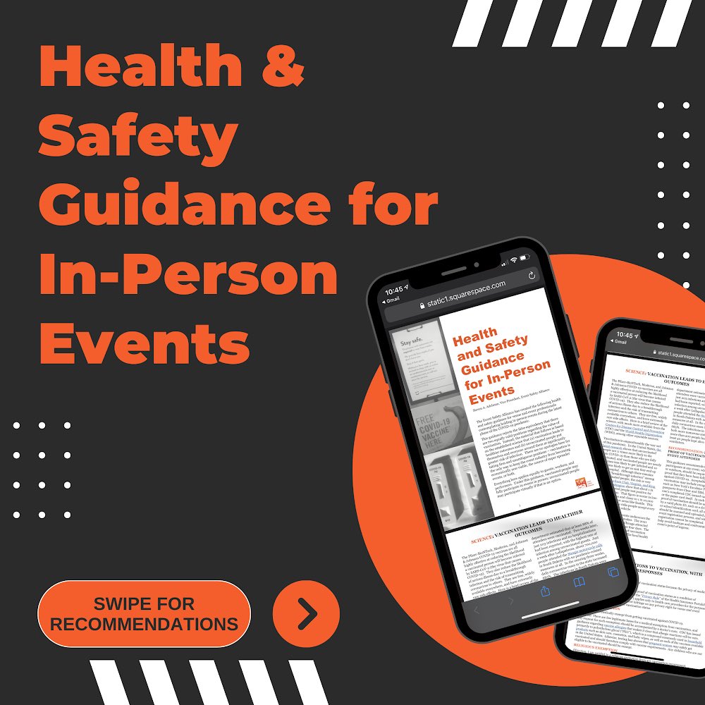 EventSafety4All's tweet photo. ICYMI: ESA released our latest Health and Safety Guidance for In-Person Events just a few weeks ago! 

Swipe to see our top three recommendations &amp; download the guide for free at https://t.co/f80xAeZ6WX. https://t.co/IWh4XUMd83