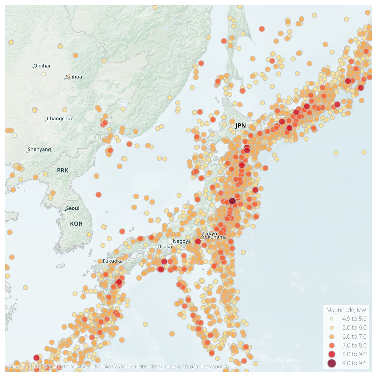 nicopurr's tweet photo. #30DayMapChallenge Day 1 - Points
My goal for participating in this challenge is to get more comfortable mapping in Python's #matplotlib. For today, I decided to work with a familiar dataset from @ISCseism and @GEMwrld on global earthquakes.
https://t.co/kJcaRm19mN https://t.co/32dlVNzL7S
