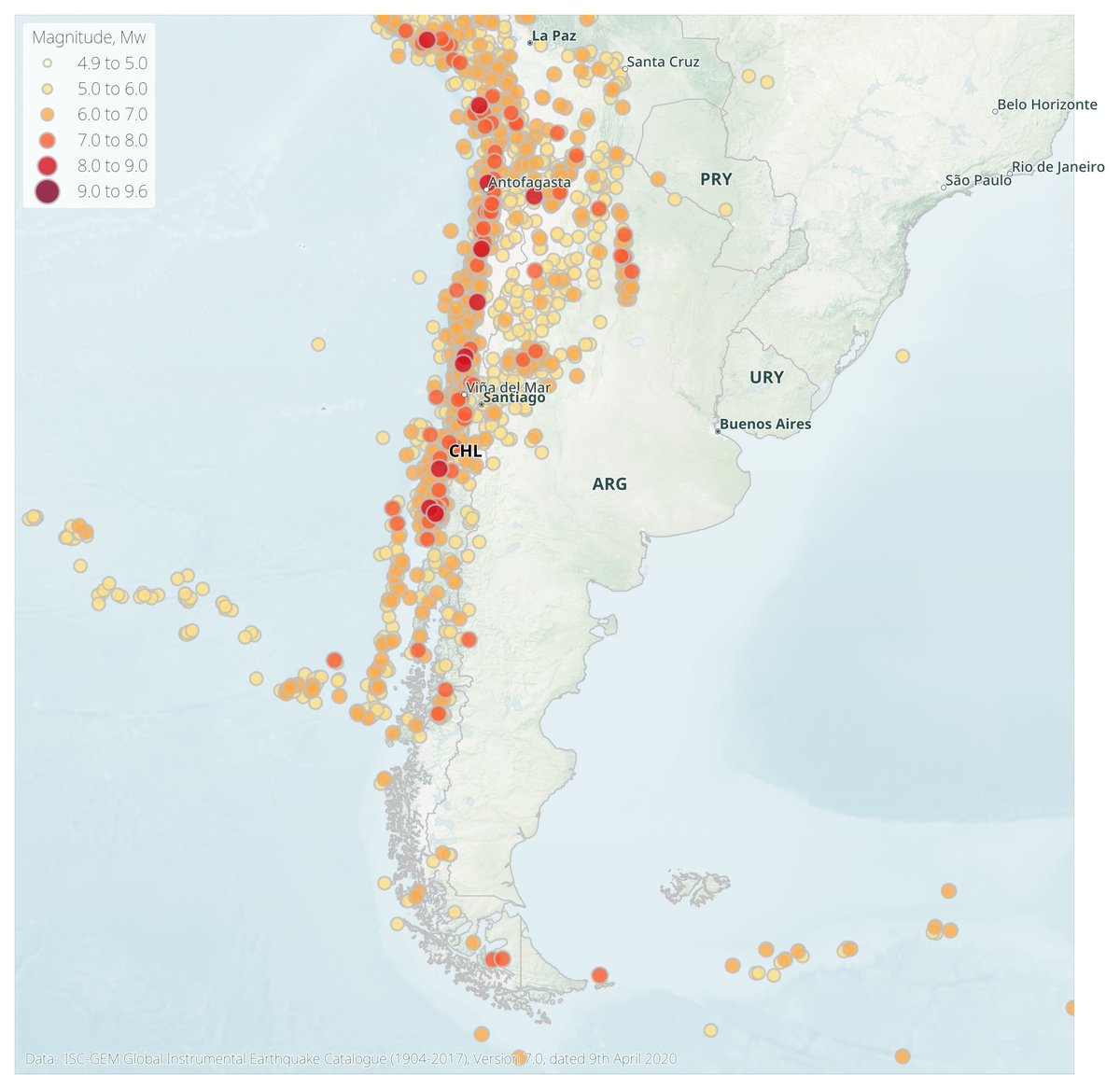 nicopurr's tweet photo. #30DayMapChallenge Day 1 - Points
My goal for participating in this challenge is to get more comfortable mapping in Python's #matplotlib. For today, I decided to work with a familiar dataset from @ISCseism and @GEMwrld on global earthquakes.
https://t.co/kJcaRm19mN https://t.co/32dlVNzL7S