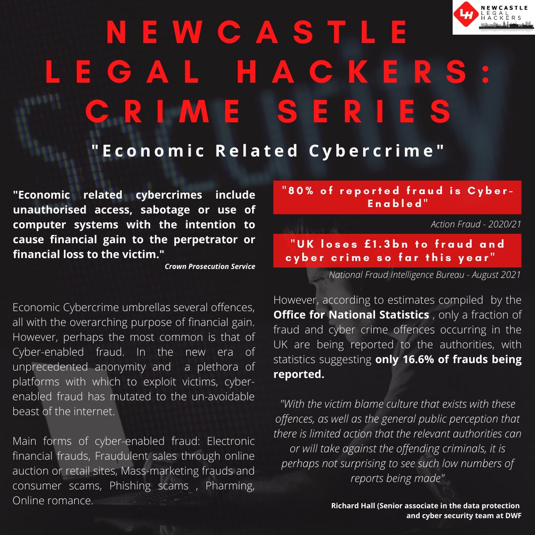 NEWCASTLE LEGAL HACKERS: CRIME SERIES! 
“Economic Related Cybercrime” 

Make sure to follow us on…
Instagram: @newcastlelegalhackers
Twitter: <a href="/NCLegalHackers/">Newcastle Legal Hackers</a>
LinkedIn: lnkd.in/gXG29PW
