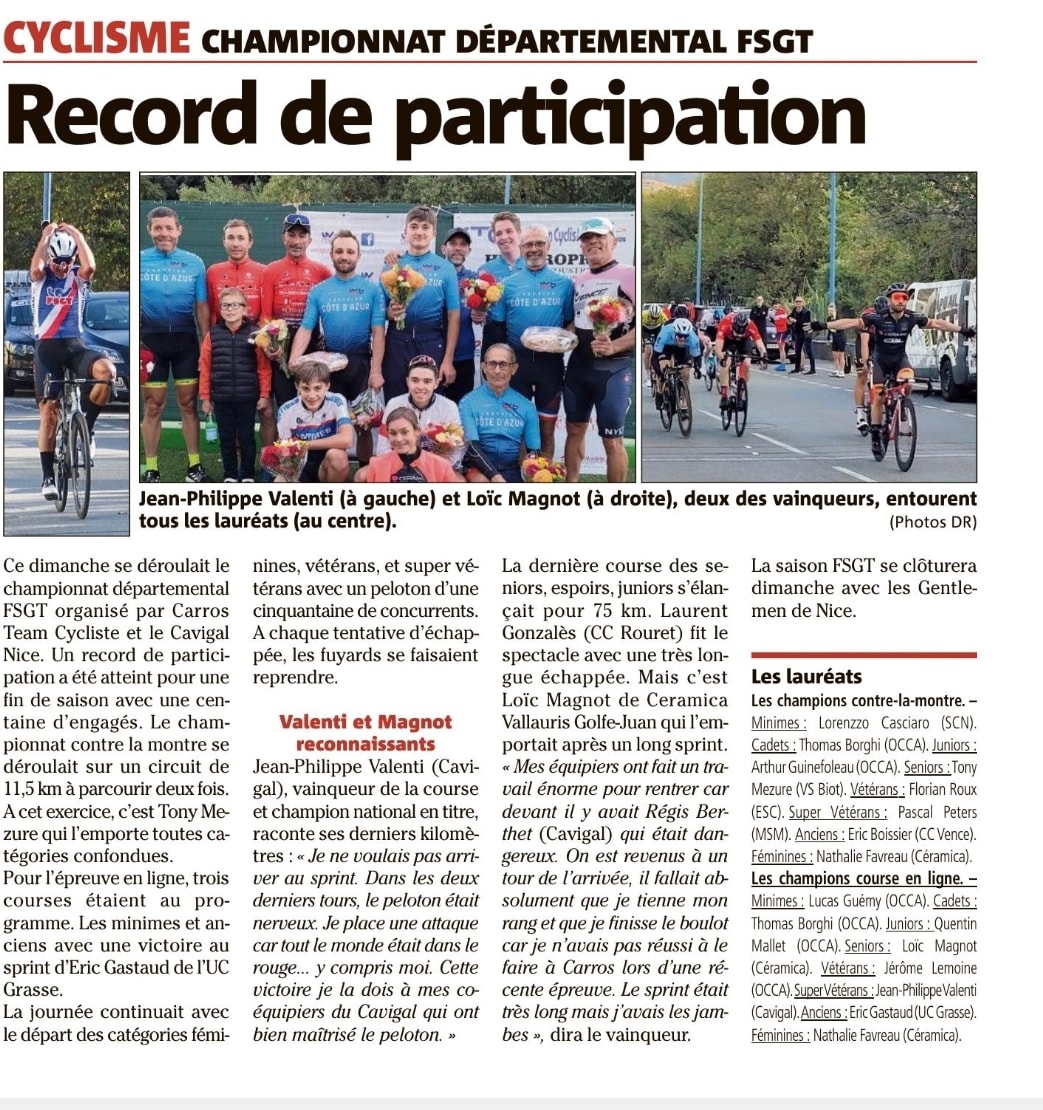 OCCAntibes's tweet photo. 24/10/2021 – FSGT – Championnat Départemental 06
 6 titres pour l’OCCA
- Lucas GUEMY Minime
- Thomas BORGHI Cadet CLM et route
- Arthur GUINEFOLEAU CLM Junior
- Quentin MALLET Route Junior
- Jérôme LEMOINE Vétéran
CR : https://t.co/4LdszqZ3RG https://t.co/TG5EbwsVQs