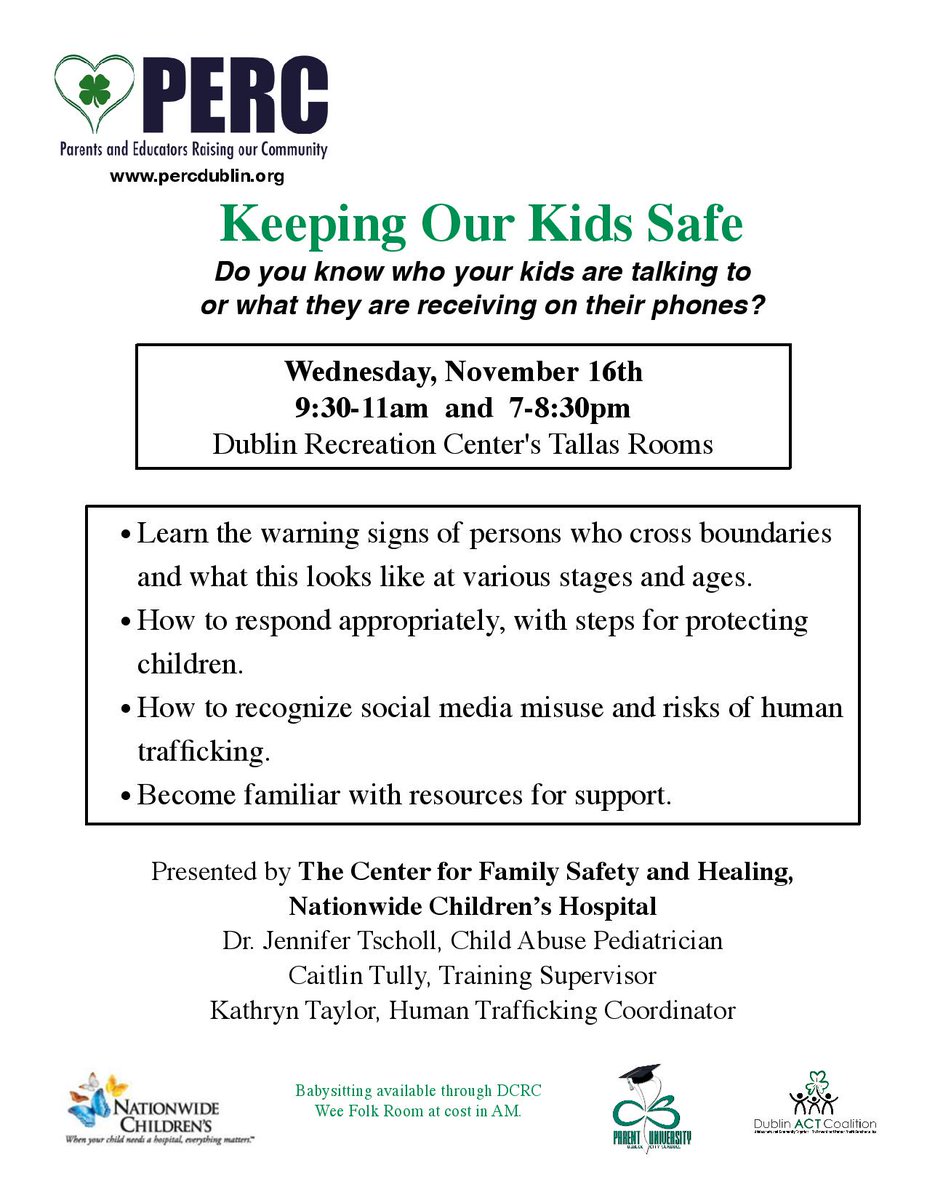 Do you know who your kids are talking to or what they are receiving on their phones? Check out the flyer for the next PERC event on Keeping Our Kids Safe on Nov. 16 at 9:30 a.m. and 7 p.m.