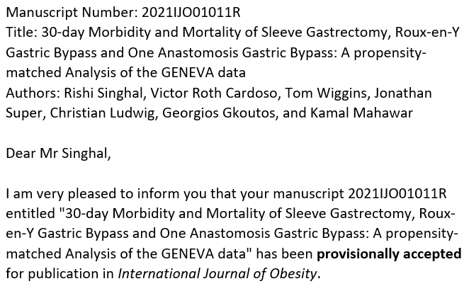 Rishi Singhal (@singhalrishi1) on Twitter photo Dear Friends,
You will be pleased to know that the fourth manuscript from the GENEVA dataset has been accepted in the International Journal of Obesity
So a massive congratulations to all our collaborators @kmahawar <a href="/TomWiggins23/">Tom Wiggins</a> <a href="/T4UGIS/">TUGSS</a> <a href="/MetaboLab/">Christian Ludwig</a> Dear Friends,
You will be pleased to know that the fourth manuscript from the GENEVA dataset has been accepted in the International Journal of Obesity
So a massive congratulations to all our collaborators @kmahawar <a href="/TomWiggins23/">Tom Wiggins</a> <a href="/T4UGIS/">TUGSS</a> <a href="/MetaboLab/">Christian Ludwig</a>