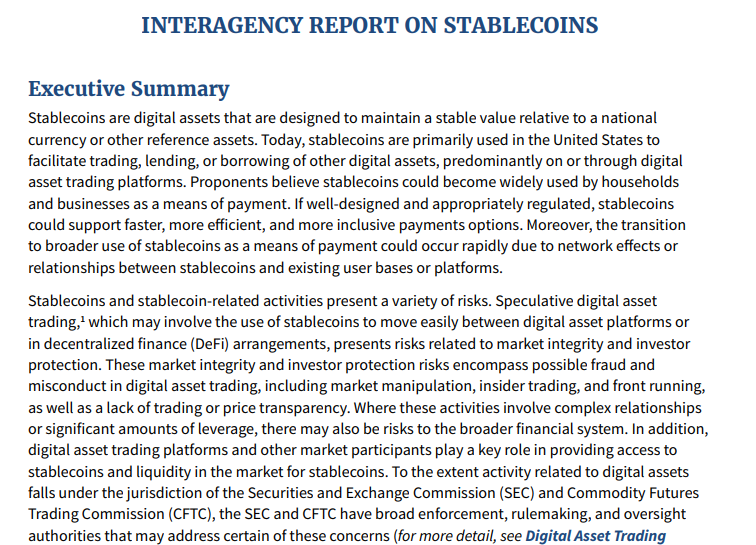 TRQPro's tweet photo. INTERAGENCY REPORT ON STABLECOINS                      
                     1 NOVEMBER                                   https://t.co/OVDYdihcSf https://t.co/xL3h4pSc9v