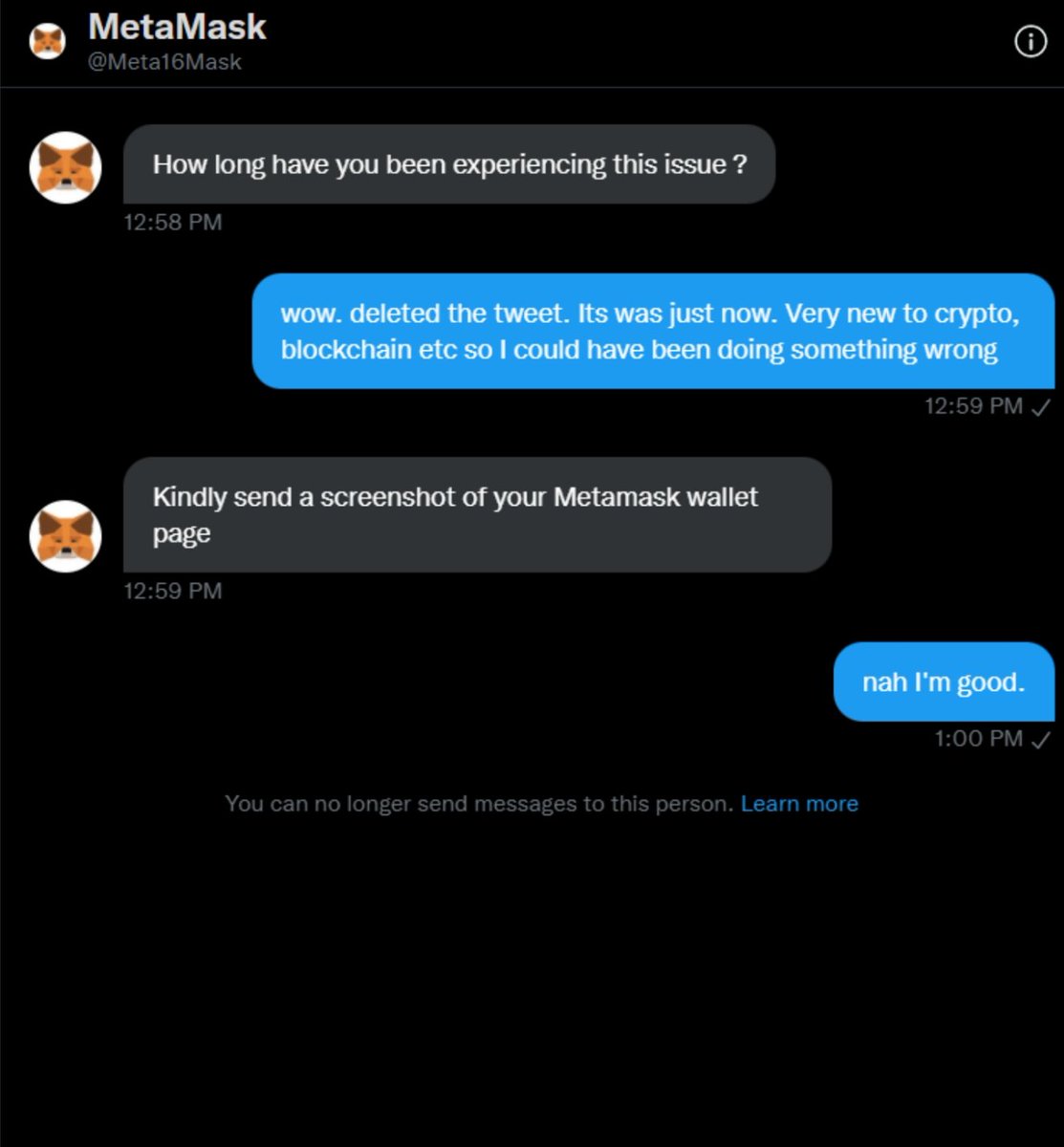ErfoGaming's tweet photo. Almost fell for it. @Twitter I'd like to report a scammer. #metamask https://t.co/T79PBhqsUs