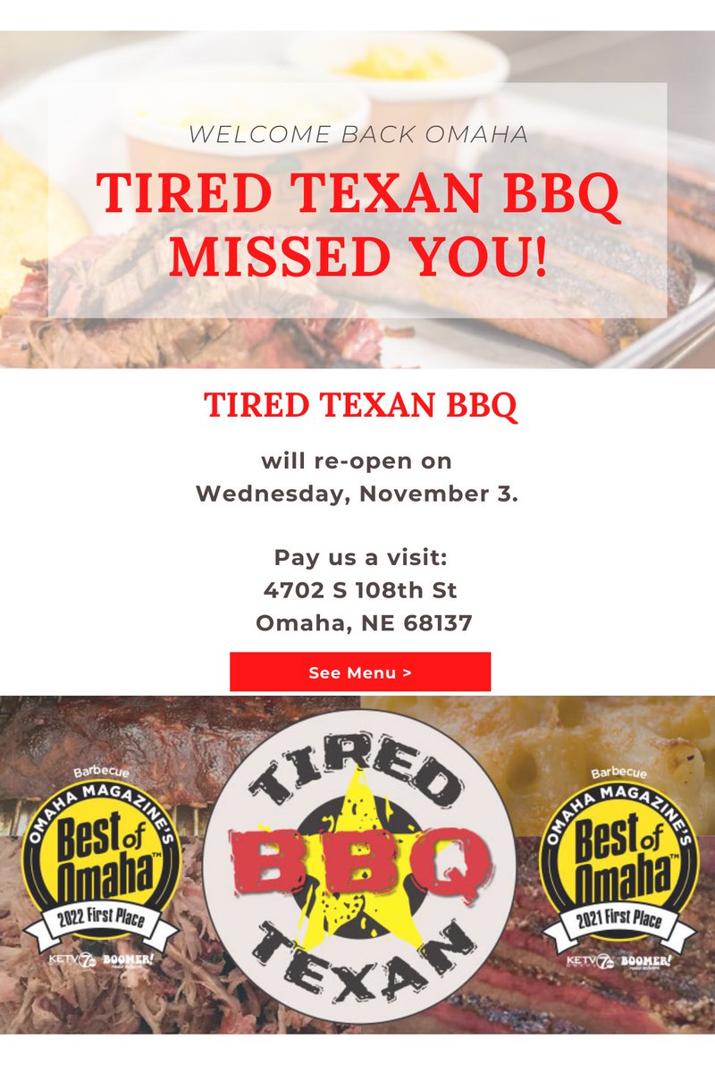 tired_texan_bbq's tweet photo. Grand Re-opening Wednesday 11/3! https://t.co/R3wrbSWLfx