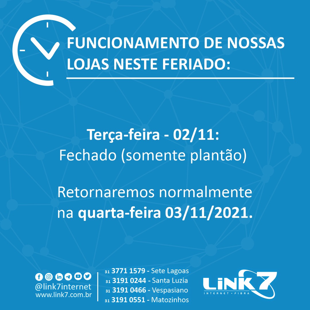 Link7internet's tweet photo. Fiquem atentos ao nosso funcionamento neste feriado!
.
#link7internet #coronavirus #link7 #aplicativolink7 #ultravelocidade #bandalarga #internetultravelocidade #internet #provedor #fibraoptica #bandalarga https://t.co/frAL1arEaN