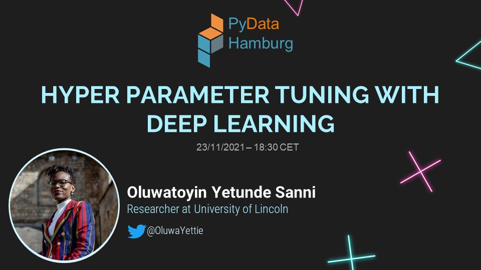Moin!👋⚓Have you already signed up for our next meetup? We are looking forward to having <a href="/OluwaYettie/">Oluwatoyin Yetunde S</a> with us talking about “Hyper parameter tuning with deep learning.”
 
Grab your spot here: 👇

meetup.com/PyData-Hamburg…

#ArtificialIntelligence #DeepLearning  #PyData
