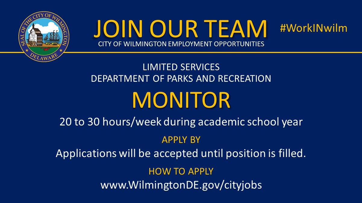 cityofwilmde's tweet photo. 📣 #NOWHIRING: Monitor (Indoor Site Supervision)
This position will remain open until it is filled. Apply online today!
#WilmDE #netDE #WorkInWilm #JobsDE #WorkDE
Apply here ➡️ https://t.co/pDv22vs5D5 https://t.co/jed3y8io2I