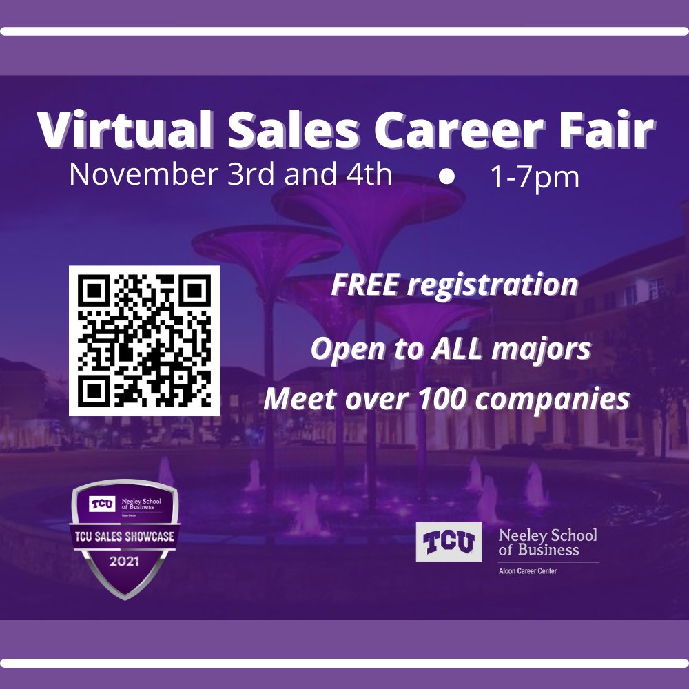 Virtual Sales Career Fair: all majors are welcome! Learn what the emerging marketplace has to offer while preparing yourself for a meaningful career after graduation! Link in bio. #SalesIsNoble #TCUsales #HireGreatTalent #NationalLeadingTalent #FrogJobs