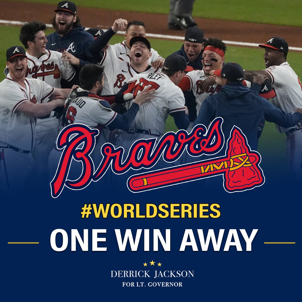 Jackson4Georgia's tweet photo. #AtlantaBraves Only A Win Away From The World Series Title! | #JacksonForGeorgia #MotivationMonday #Change #Georgia #GA #Motivation #MotivationalQuotes #Quotes #Quote #Inspiration #PositiveVibes #Success #Goals #Mindset #Quoteoftheday #InspirationalQuotes #Baseball #Maj https://t.co/VyqXLPu8Ao