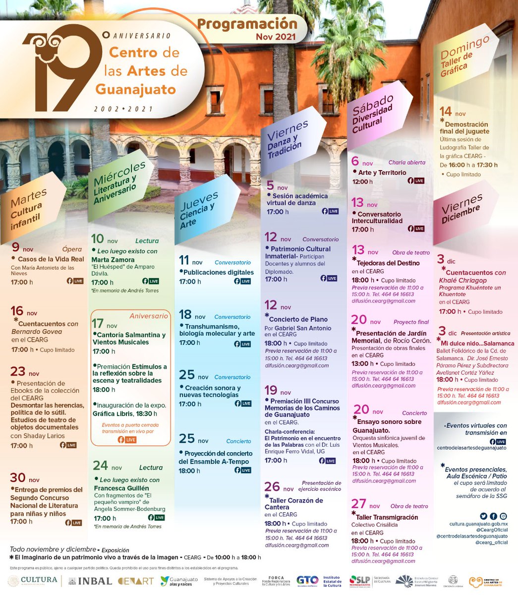 CeargOficial's tweet photo. Celebrando 19 años #CEARG.
Un mes para celebrar la formación, experimentación y desarrollo artístico. Te invitamos a disfrutar de las actividades que tenemos preparadas. https://t.co/LLwhfEPCni