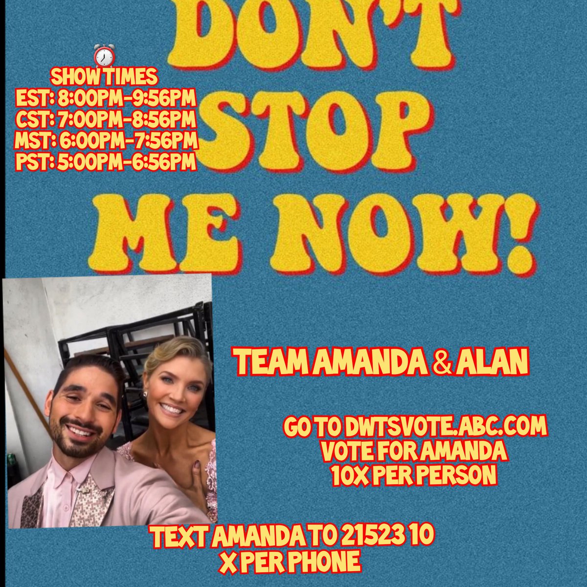 Maksimcfans's tweet photo. VOTE FOR AMANDA AND ALAN TONIGHT STARTING AT 8PM ON #DWTS https://t.co/KcwyJBTJw1