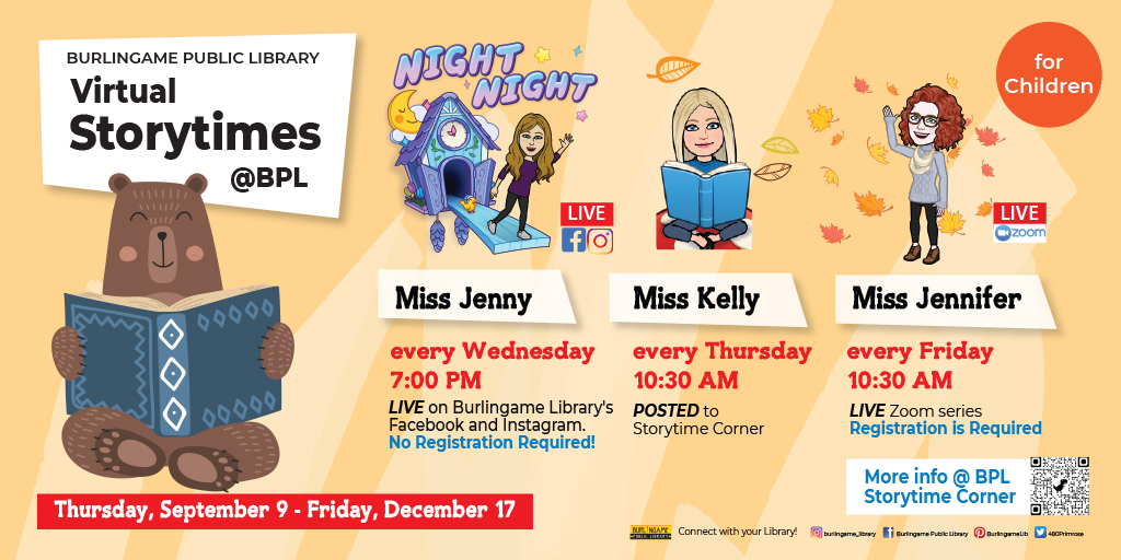 A reminder of our virtual storytimes: 
Miss Jenny - Wednesdays, 7:00 PM Live on our Facebook and Instagram. 
Miss Kelly - Thursdays, 10:30 AM posted to Storytime Corner at https://t.co/mvdM4E7N7m
Miss Jennifer - Fridays, 10: 30 AM Live on Zoom, Register at https://t.co/XTzva70iT0 https://t.co/y8G20Aqjs5