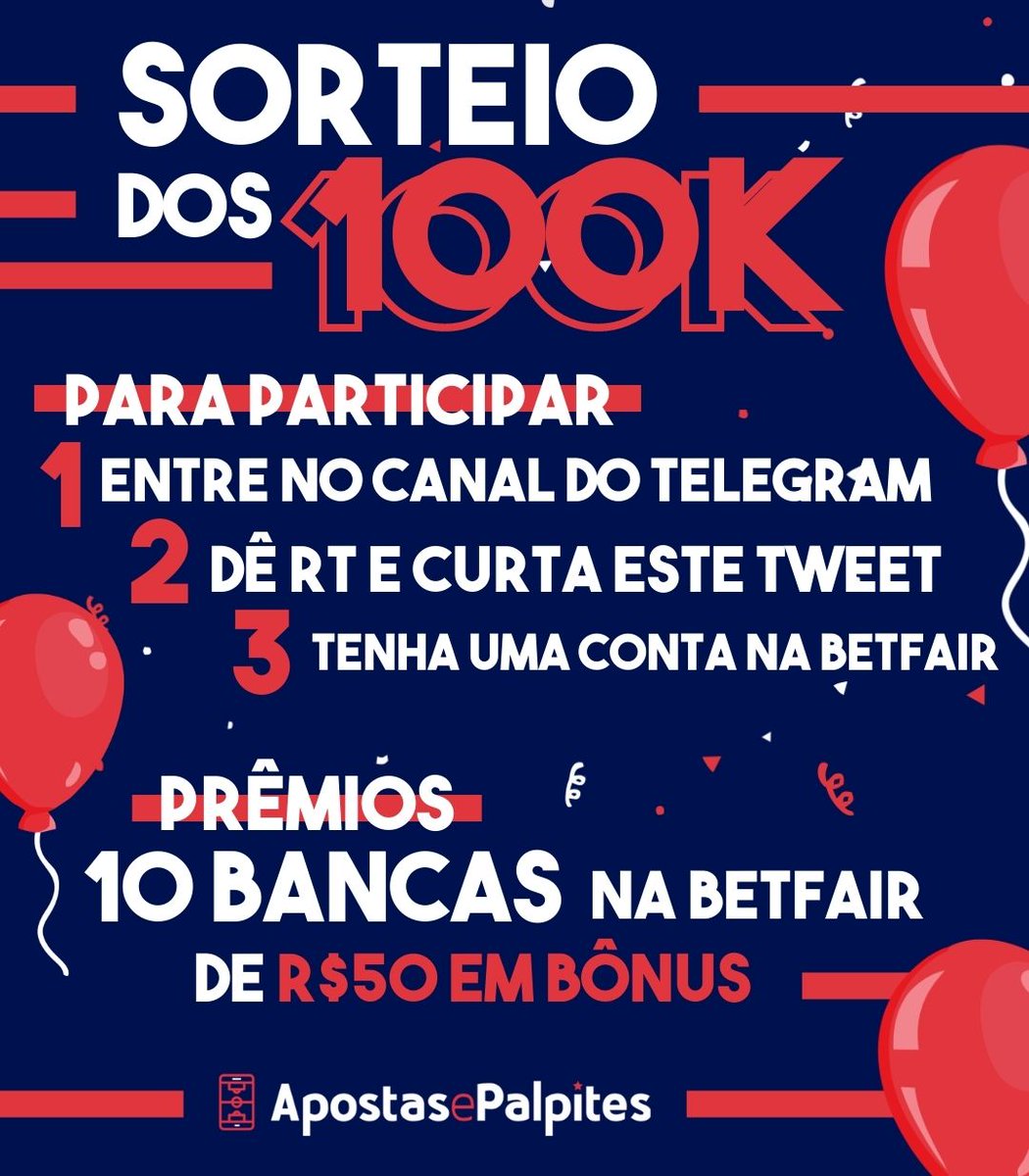 APalpites's tweet photo. 📢SORTEIO DE 10 BANCAS!

Pra celebrar os 100k no Telegram, resolvi dar esse presente pra vocês. Pra participar é simples: 

1⃣ Entrar no canal grátis do Telegram: https://t.co/WOqUQwYCw5
2⃣ Curtir e dar RT neste tweet
3⃣ Ter uma conta na Betfair

Explico mais no 🧶 https://t.co/FWb85GQFDO