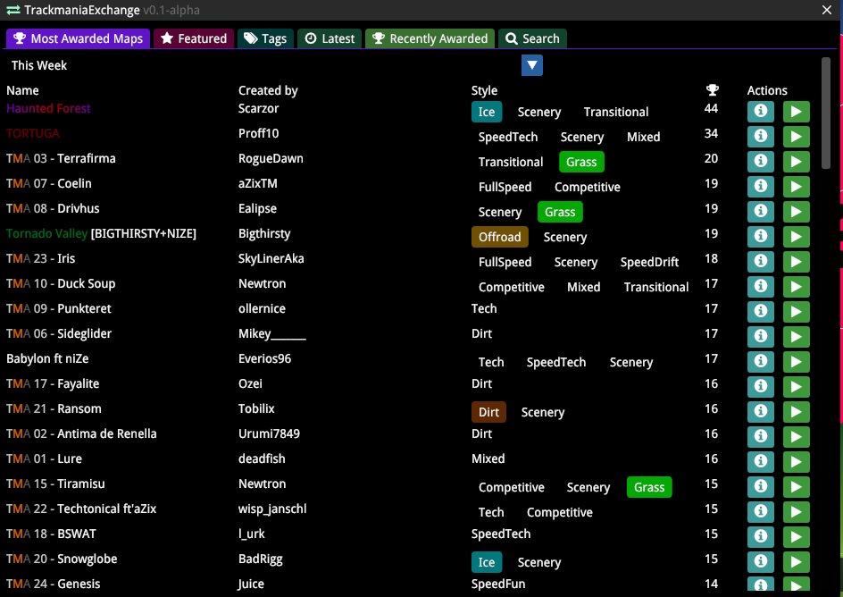 GreepTheSheep's tweet image. Been working for a new Openplanet plugin called ManiaExchange. In this plugin, you can have accees to all the maps present in ManiaExchange directly on your Trackmania. You can filter maps by most awarded, by tags or simply by name.
And you can play directly to your game!