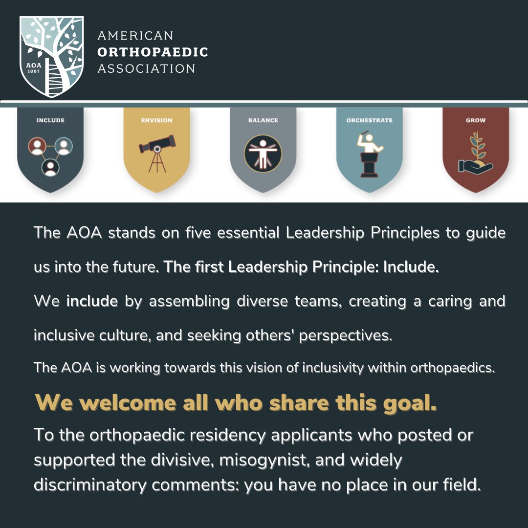 The AOA aspires to build a future where #orthopaedics is inclusive, diverse, and equitable. We welcome all who share this goal to our field. 

To the #OrthoMatch22 applicants who posted discriminatory, hateful comments: 

You have no place in our field. 

#OrthoTwitter #MedEd