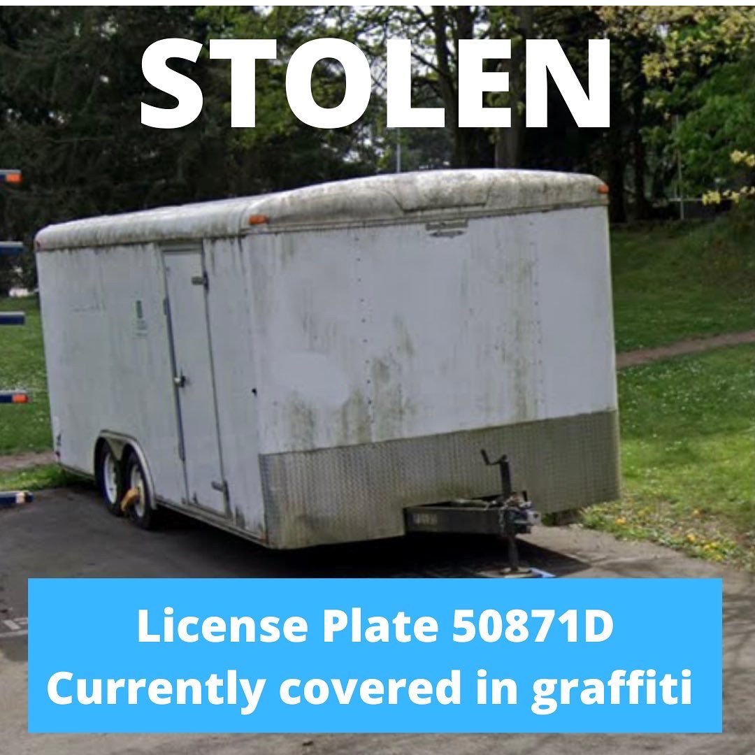 This box trailer was stolen this weekend from Green Lake. It contained all the cables and buoys for our race course. 🥲 This is an old photo; the trailer is currently covered in graffiti. License plate # 50871D. If you spot it or any contents, please call 206-684-4074.